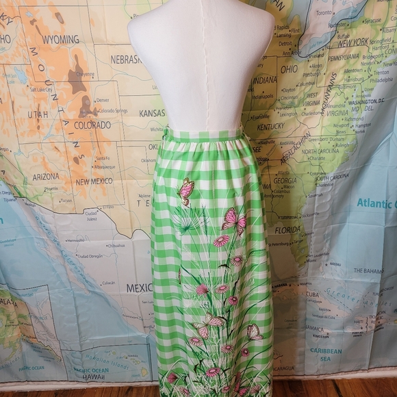 Vintage 1970s Miss Shaheen Green  Long Maxi Skirt with Butterfly Print Size 8 - Picture 7 of 16
